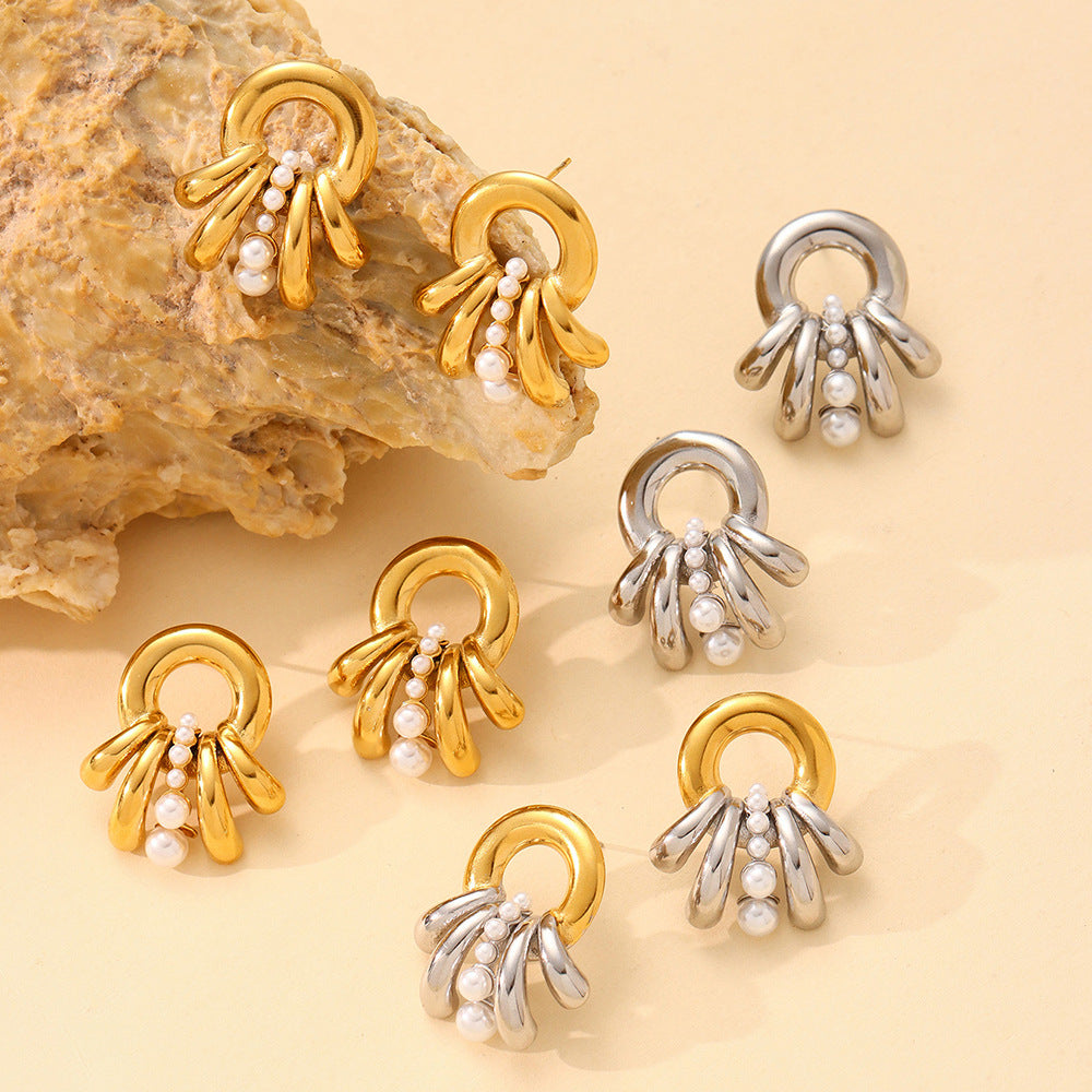 Real Gold Plated Stainless Steel Drop Earrings with Trendy Flower Pattern and Pearls for Party Fashion