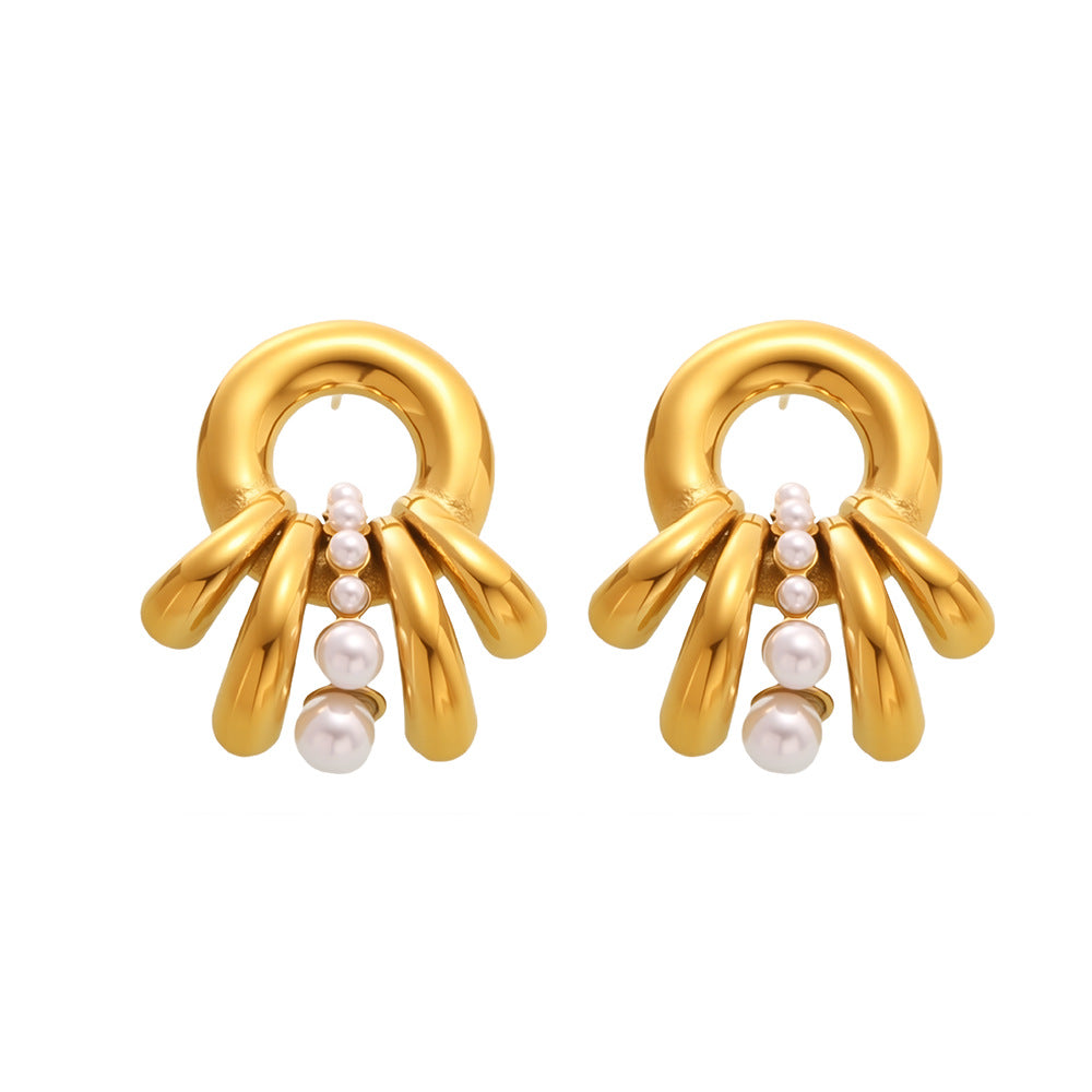 Real Gold Plated Stainless Steel Drop Earrings with Trendy Flower Pattern and Pearls for Party Fashion