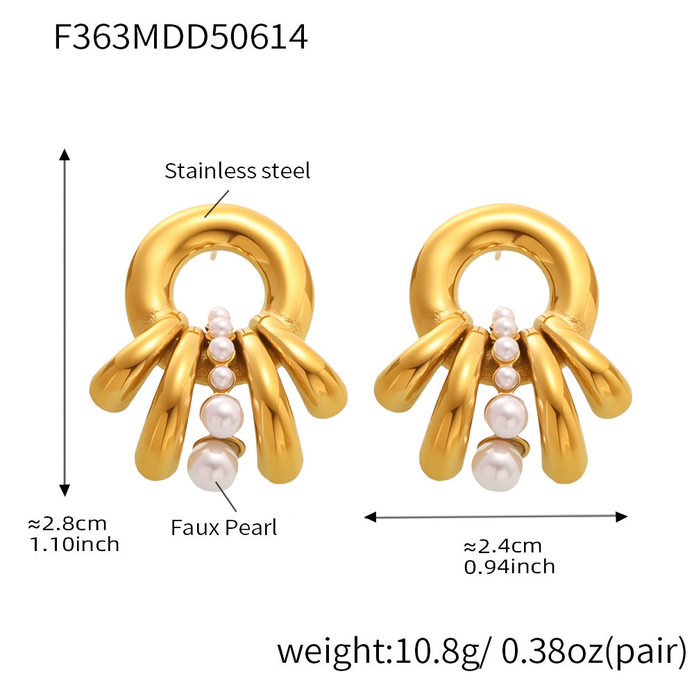 Real Gold Plated Stainless Steel Drop Earrings with Trendy Flower Pattern and Pearls for Party Fashion