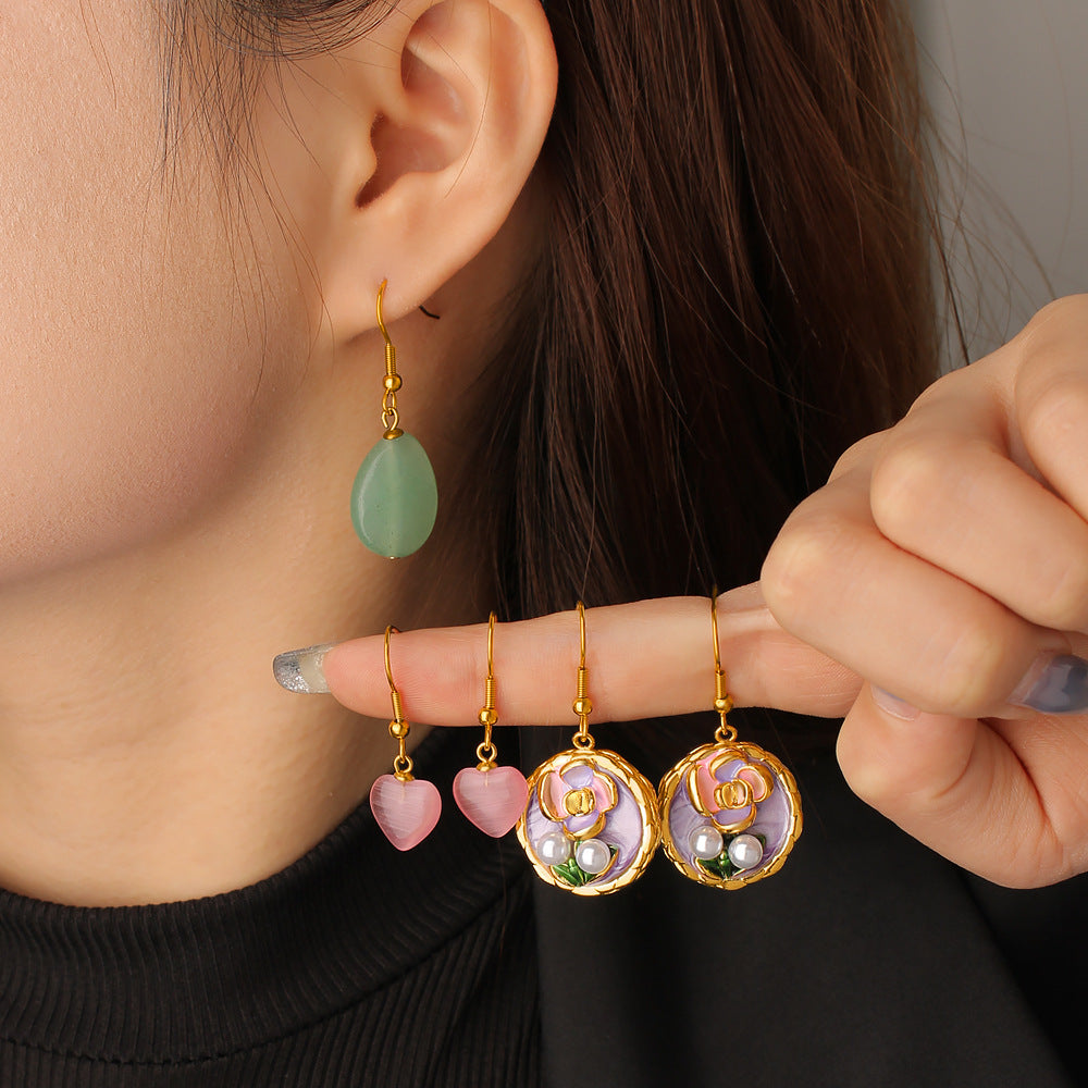 Wholesale Stainless Steel 18K Gold Plated Vintage Drop Earrings Hook Rose Quartz Stones Heart Shape for Women's Party Occasions