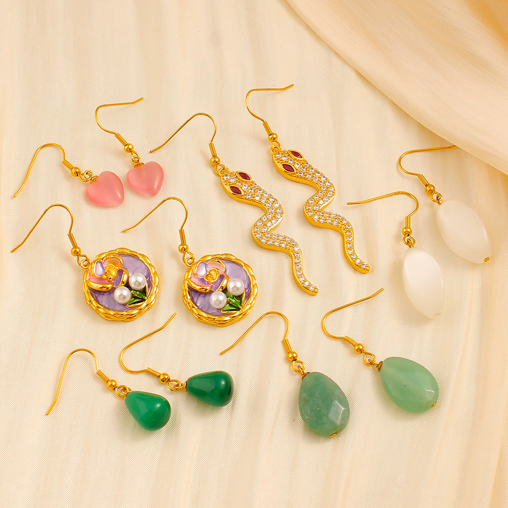Wholesale Stainless Steel 18K Gold Plated Vintage Drop Earrings Hook Rose Quartz Stones Heart Shape for Women's Party Occasions