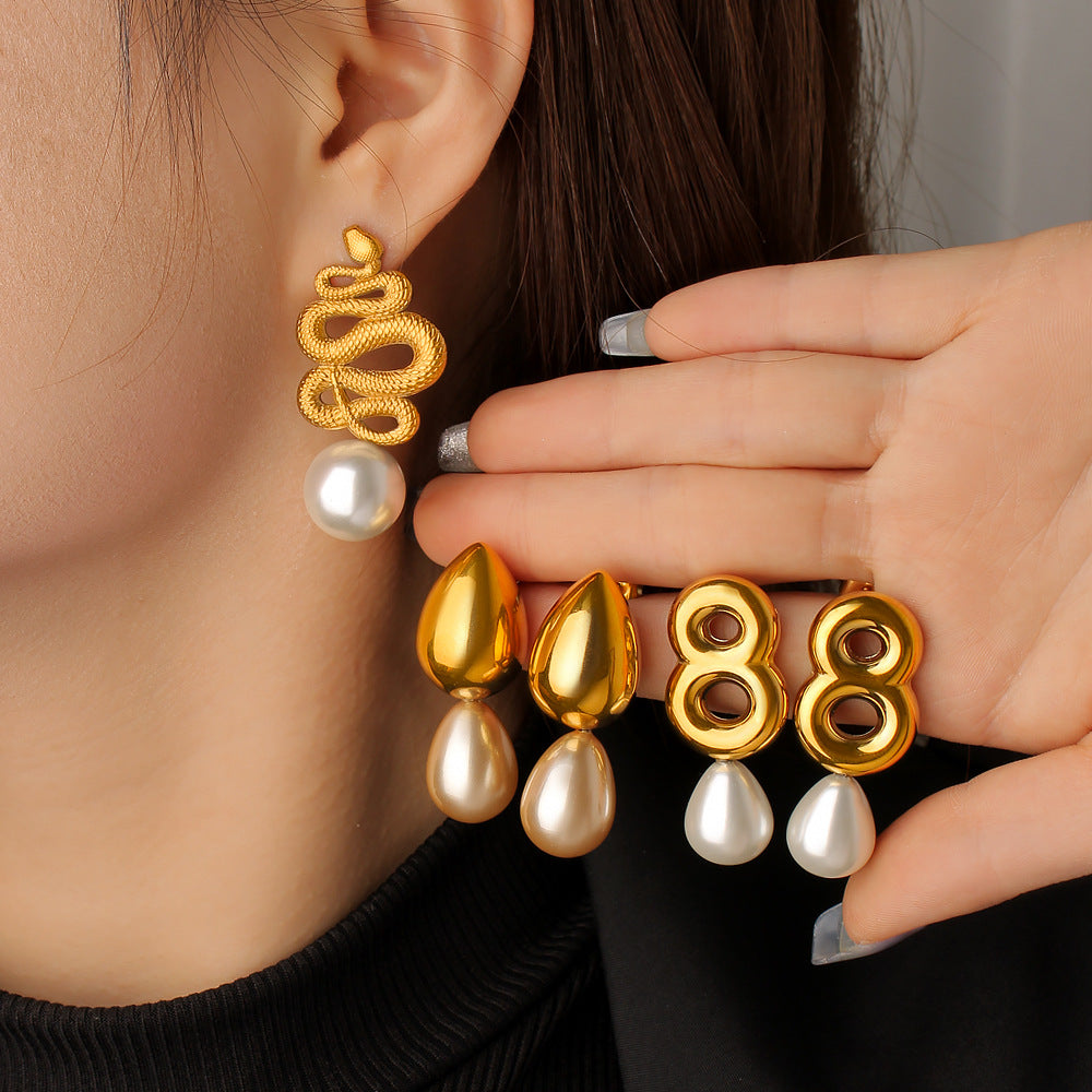 Huggie Drop Earrings 18K Gold Plated Stainless Steel Volcano Lava Pearl Pendant Women's Anniversary Trendy