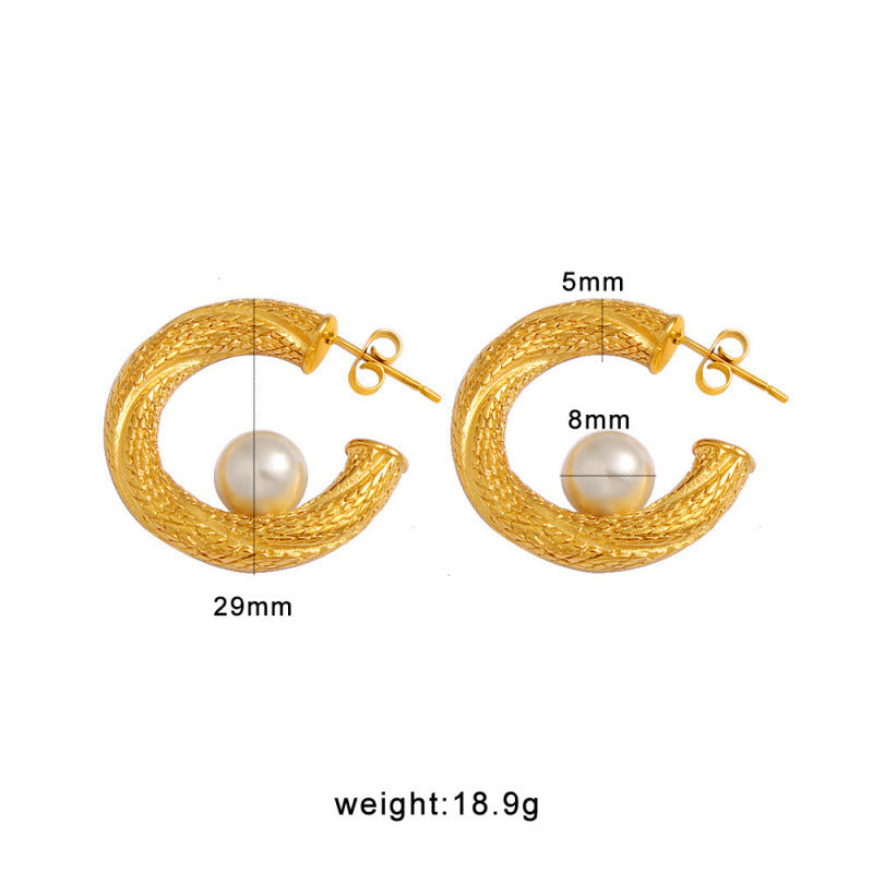 Huggie Drop Earrings 18K Gold Plated Stainless Steel Volcano Lava Pearl Pendant Women's Anniversary Trendy