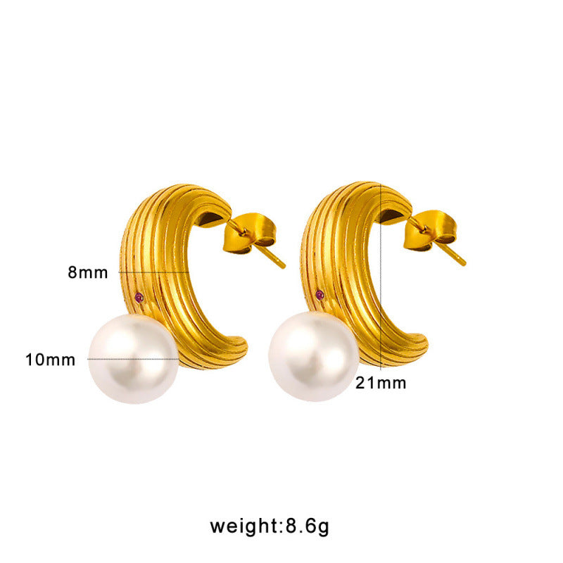 Huggie Drop Earrings 18K Gold Plated Stainless Steel Volcano Lava Pearl Pendant Women's Anniversary Trendy