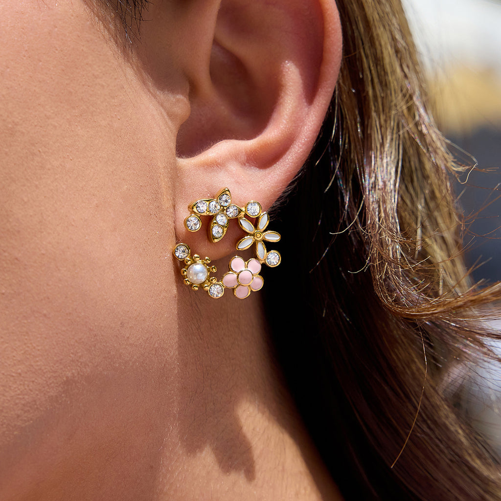 Flower Stud Earrings for Party Real Gold Plating Waterproof Stainless Steel Jewelry Zircon Bohemian Trendy Brides' Shell Design