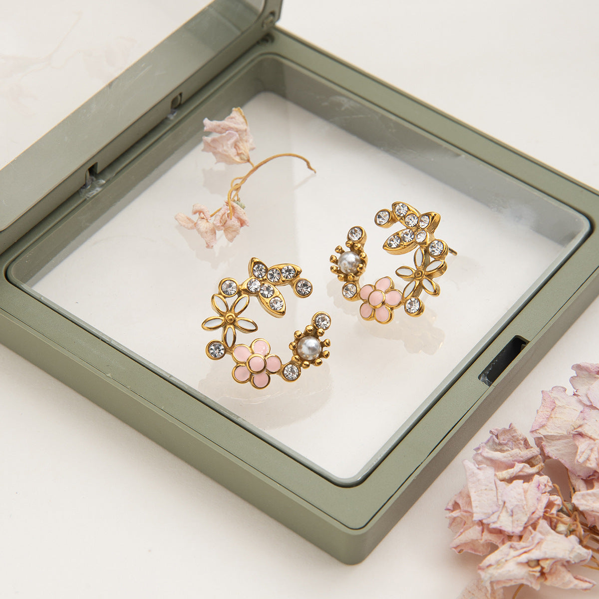 Flower Stud Earrings for Party Real Gold Plating Waterproof Stainless Steel Jewelry Zircon Bohemian Trendy Brides' Shell Design