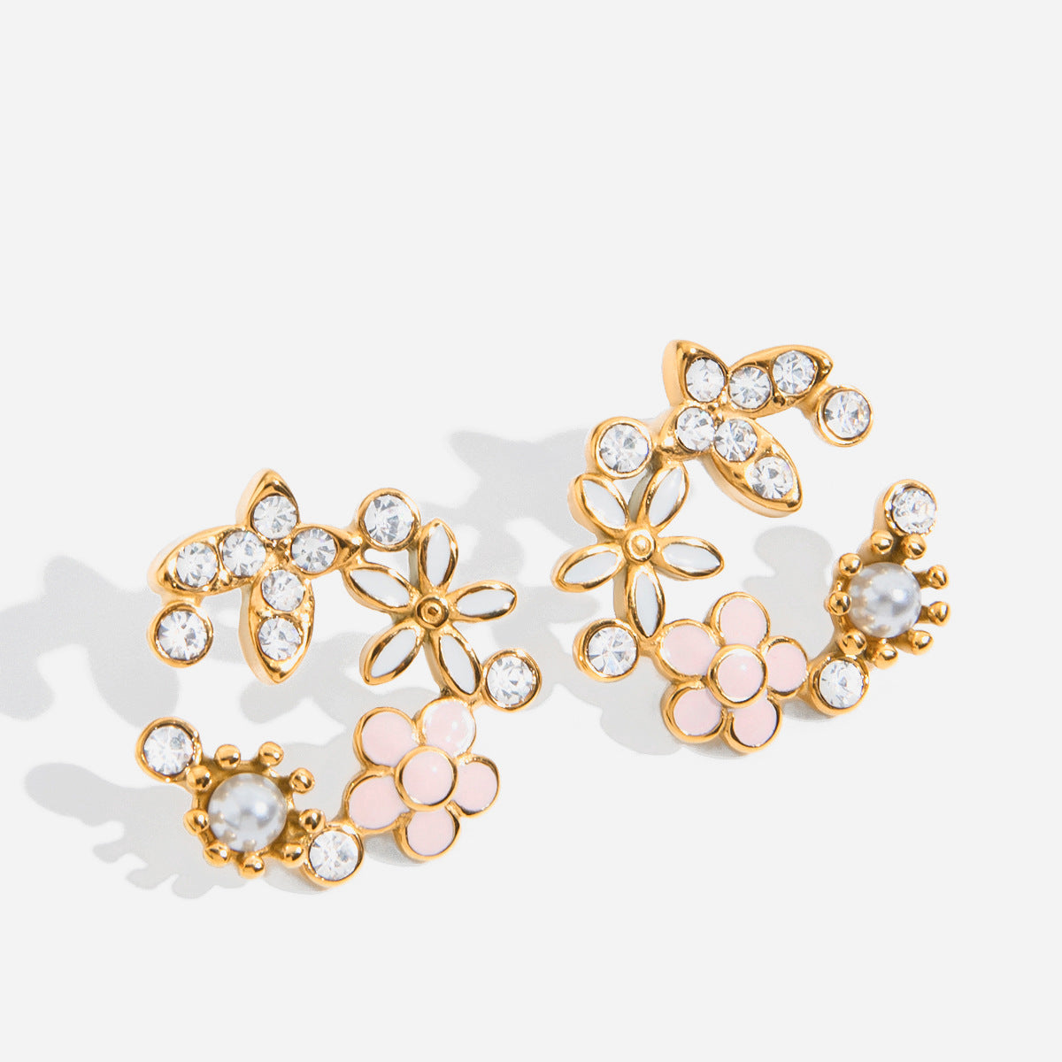 Flower Stud Earrings for Party Real Gold Plating Waterproof Stainless Steel Jewelry Zircon Bohemian Trendy Brides' Shell Design