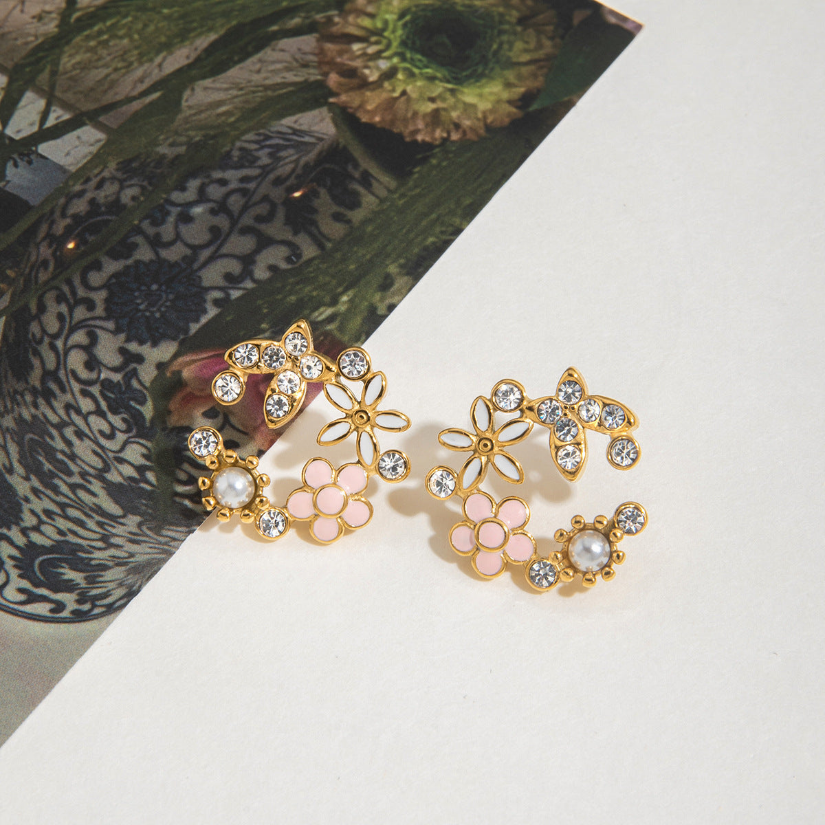 Flower Stud Earrings for Party Real Gold Plating Waterproof Stainless Steel Jewelry Zircon Bohemian Trendy Brides' Shell Design