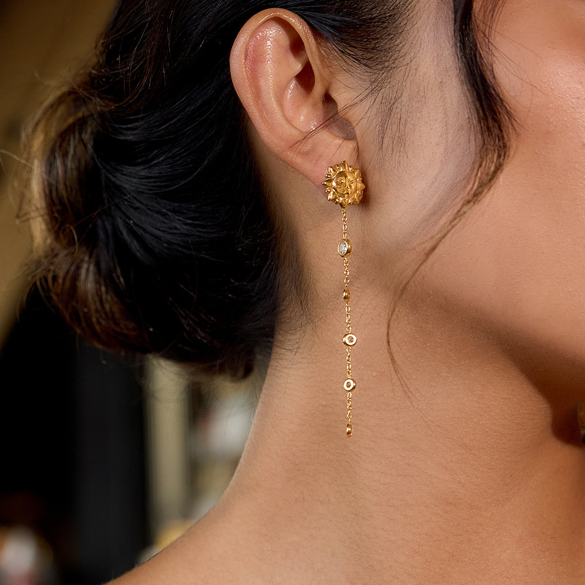 Customizable 18K Gold PVD Plated Stainless Steel Long Drop Earrings White Zircons Trendy Party Style Featuring Sun Face Design