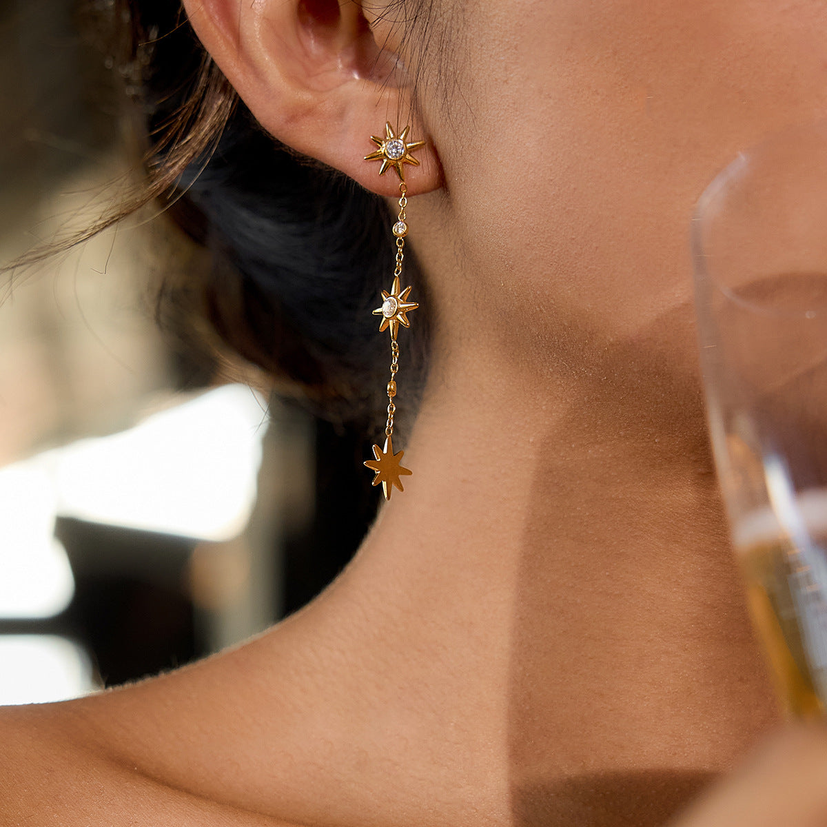 Customizable 18K Gold PVD Plated Stainless Steel Long Drop Earrings White Zircons Trendy Party Style Featuring Sun Face Design