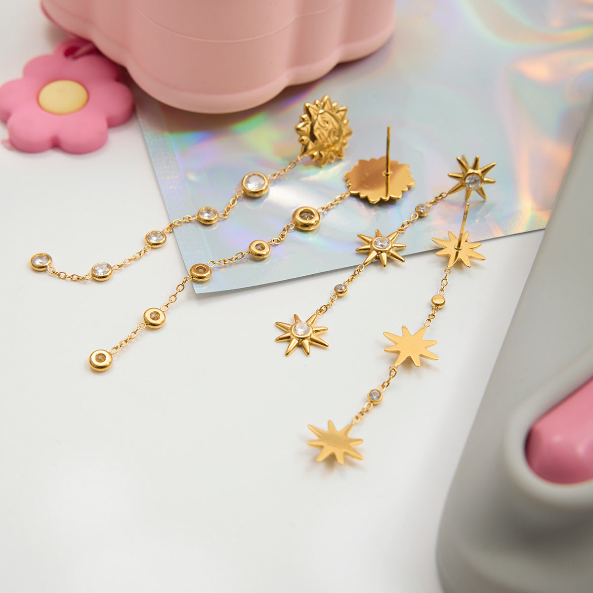 Customizable 18K Gold PVD Plated Stainless Steel Long Drop Earrings White Zircons Trendy Party Style Featuring Sun Face Design