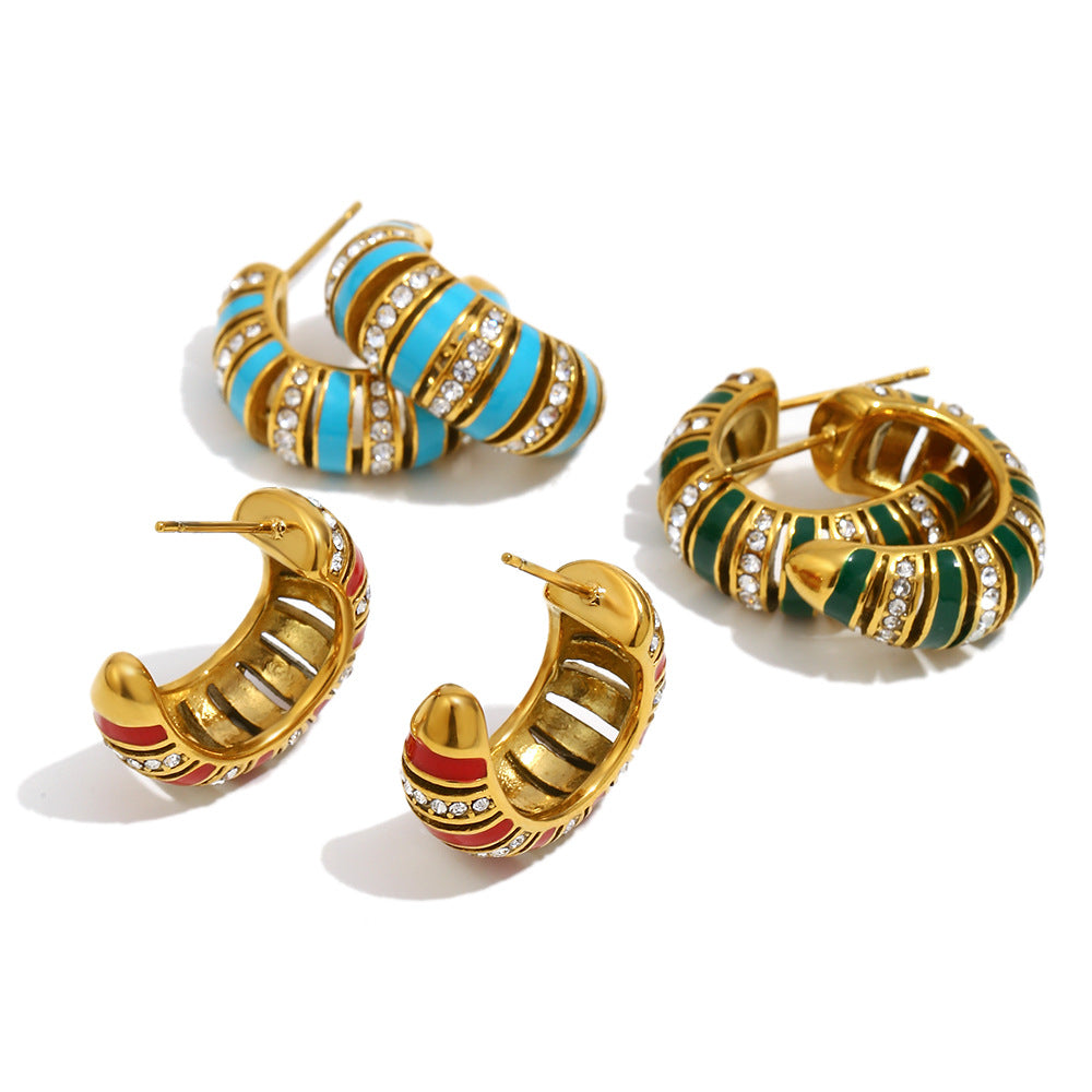 Wholesale 18K Gold Plated Stainless Steel White Zircon Color Enamel Hoop Earrings Waterproof C Shape Trendy Women's Party