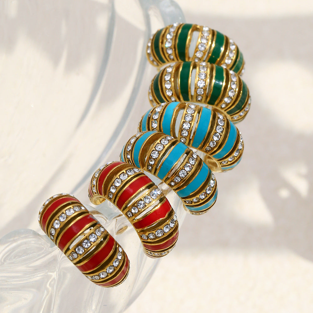 Wholesale 18K Gold Plated Stainless Steel White Zircon Color Enamel Hoop Earrings Waterproof C Shape Trendy Women's Party
