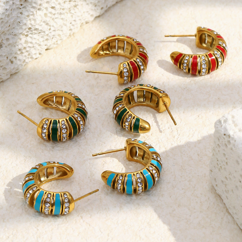 Wholesale 18K Gold Plated Stainless Steel White Zircon Color Enamel Hoop Earrings Waterproof C Shape Trendy Women's Party