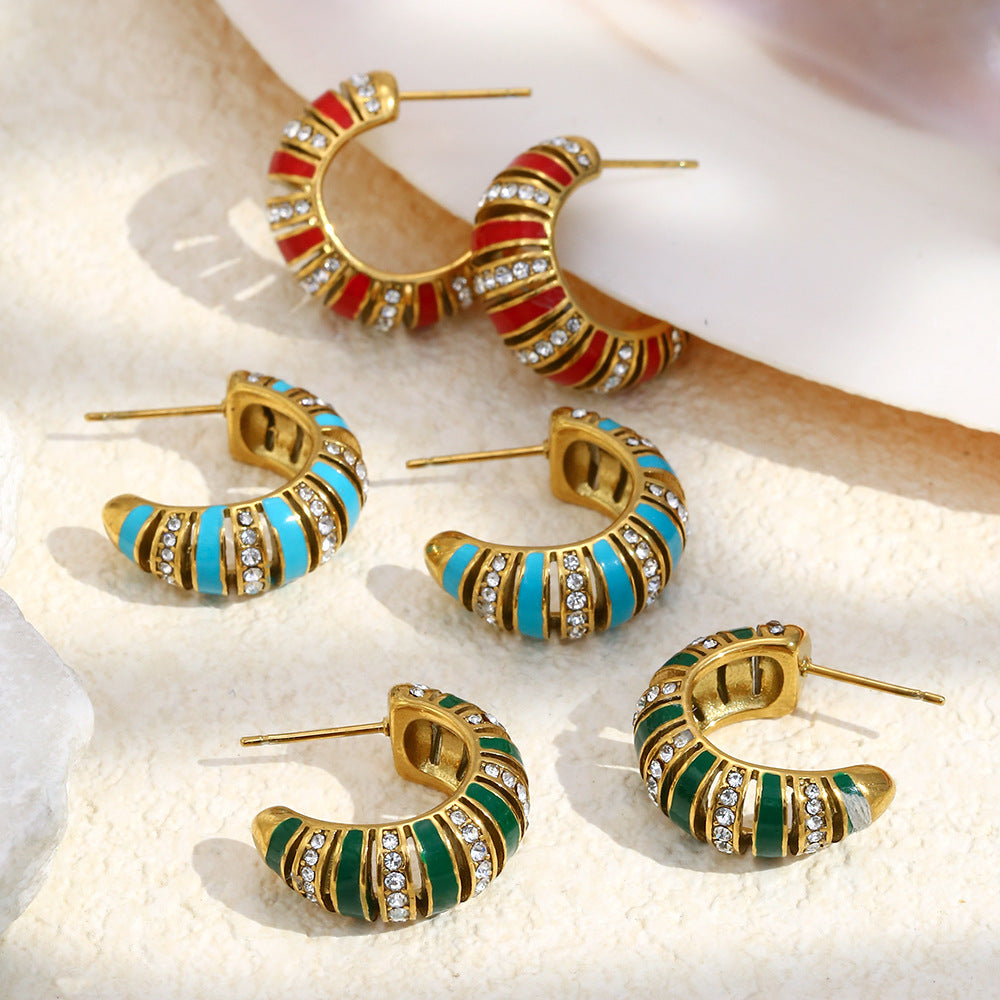 Wholesale 18K Gold Plated Stainless Steel White Zircon Color Enamel Hoop Earrings Waterproof C Shape Trendy Women's Party