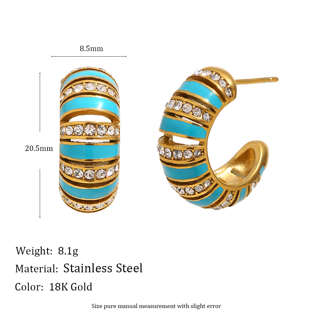 Wholesale 18K Gold Plated Stainless Steel White Zircon Color Enamel Hoop Earrings Waterproof C Shape Trendy Women's Party