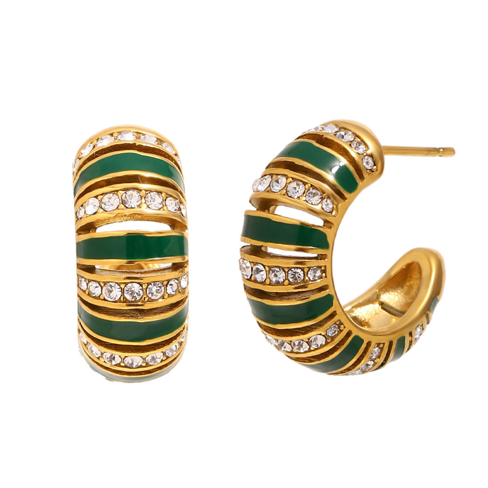 Wholesale 18K Gold Plated Stainless Steel White Zircon Color Enamel Hoop Earrings Waterproof C Shape Trendy Women's Party