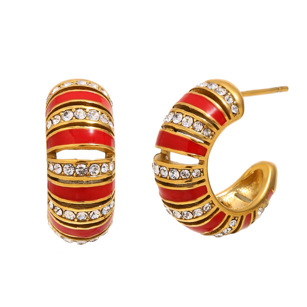 Wholesale 18K Gold Plated Stainless Steel White Zircon Color Enamel Hoop Earrings Waterproof C Shape Trendy Women's Party