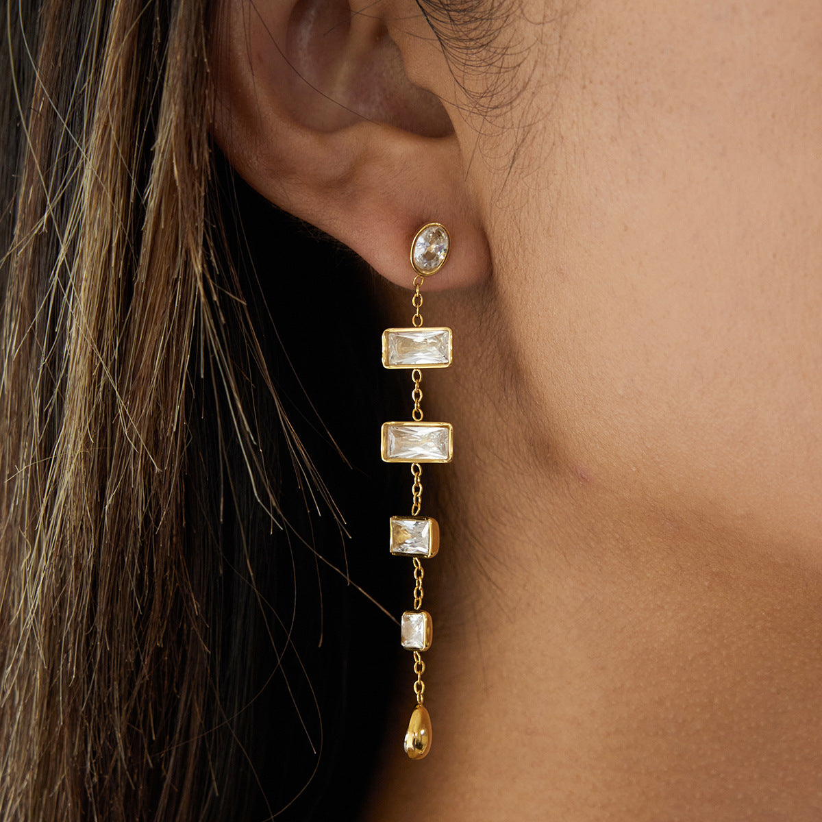 Customizable 18K Gold PVD Plated Stainless Steel Long Drop Earrings with White Zircons Stylish Trendy Party Accessory