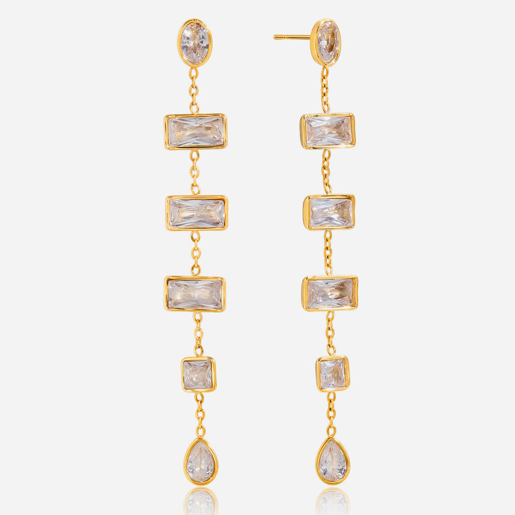 Customizable 18K Gold PVD Plated Stainless Steel Long Drop Earrings with White Zircons Stylish Trendy Party Accessory