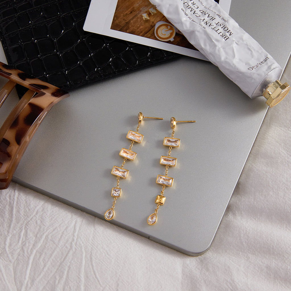 Customizable 18K Gold PVD Plated Stainless Steel Long Drop Earrings with White Zircons Stylish Trendy Party Accessory