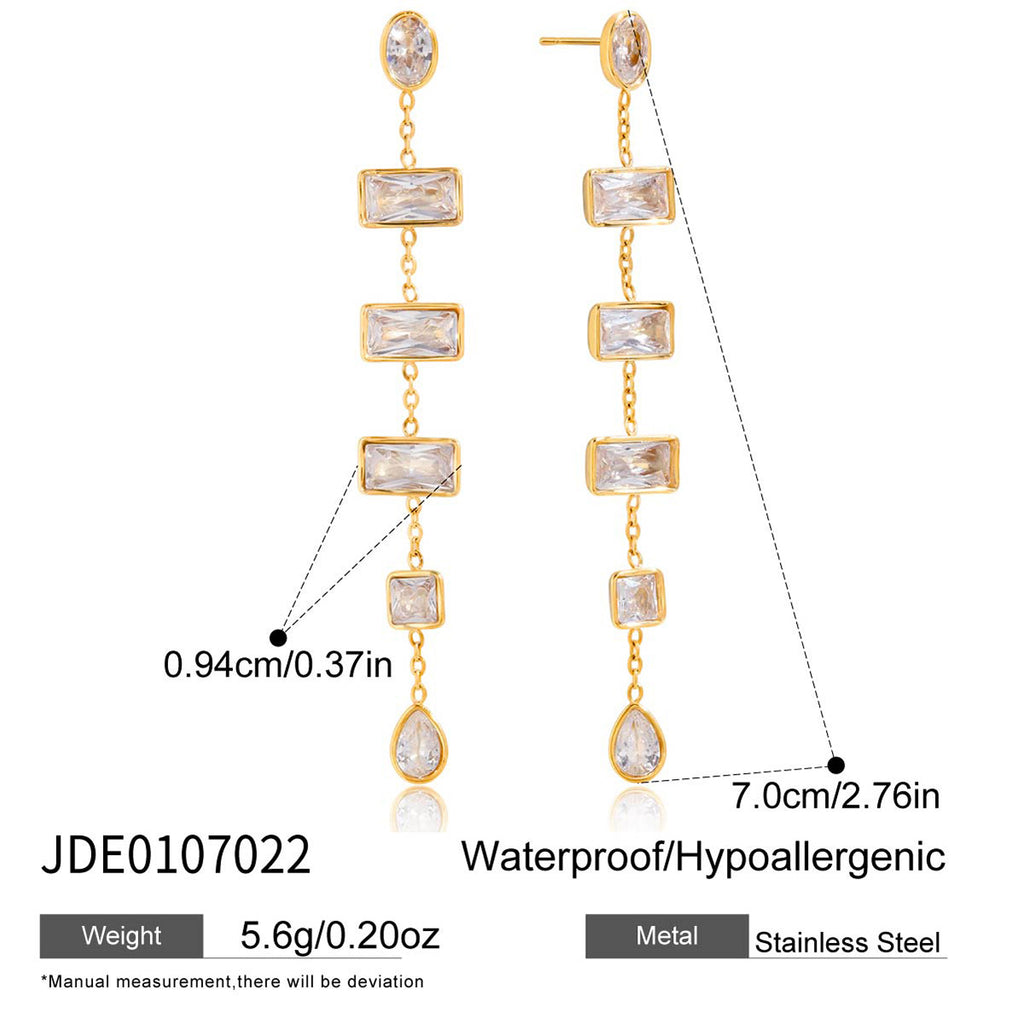 Customizable 18K Gold PVD Plated Stainless Steel Long Drop Earrings with White Zircons Stylish Trendy Party Accessory