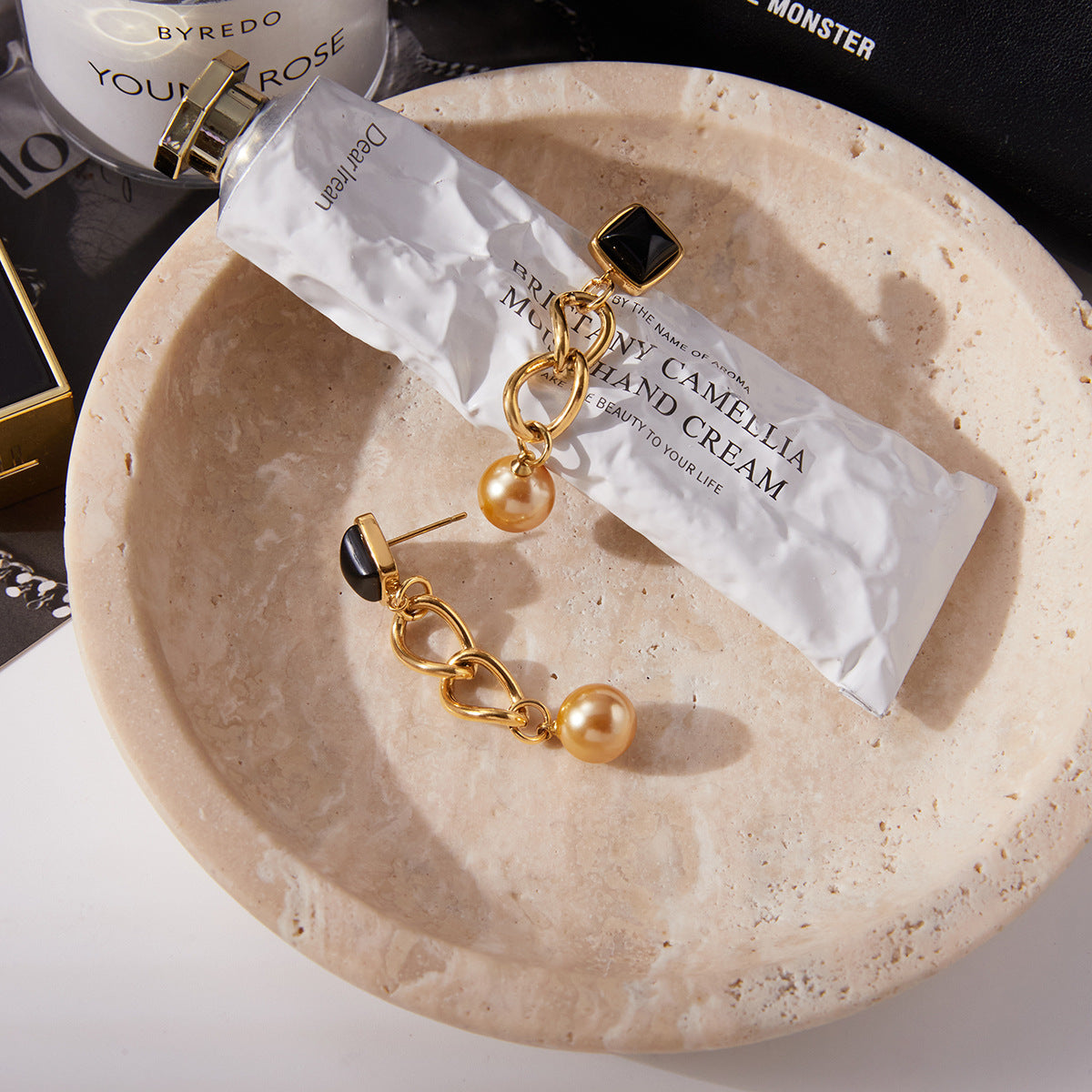 Customizable 18K Gold Plated Stainless Steel Long Drop Earrings with Black Glass and Rose Gold Pearl Trendy Fashion for Girls