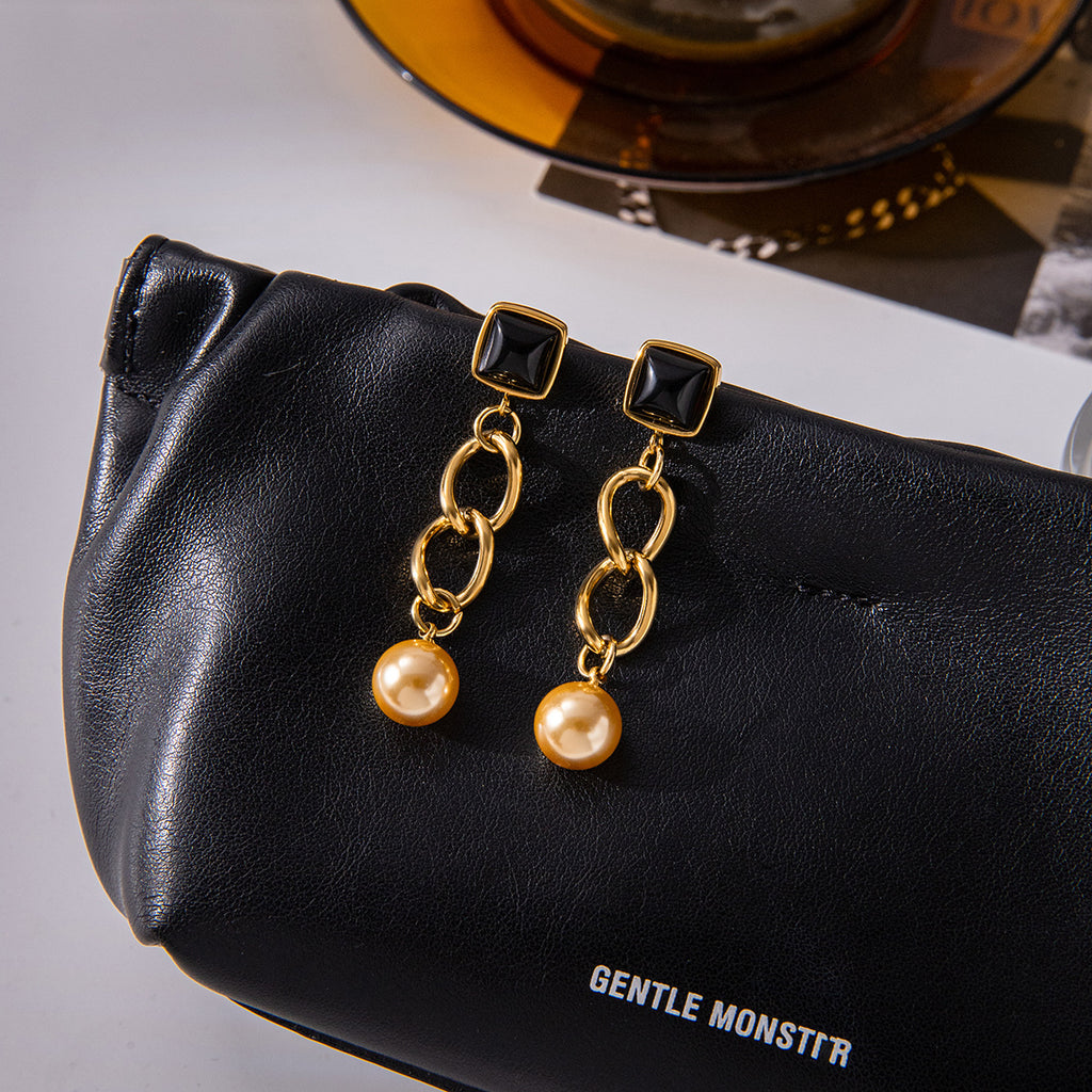 Customizable 18K Gold Plated Stainless Steel Long Drop Earrings with Black Glass and Rose Gold Pearl Trendy Fashion for Girls