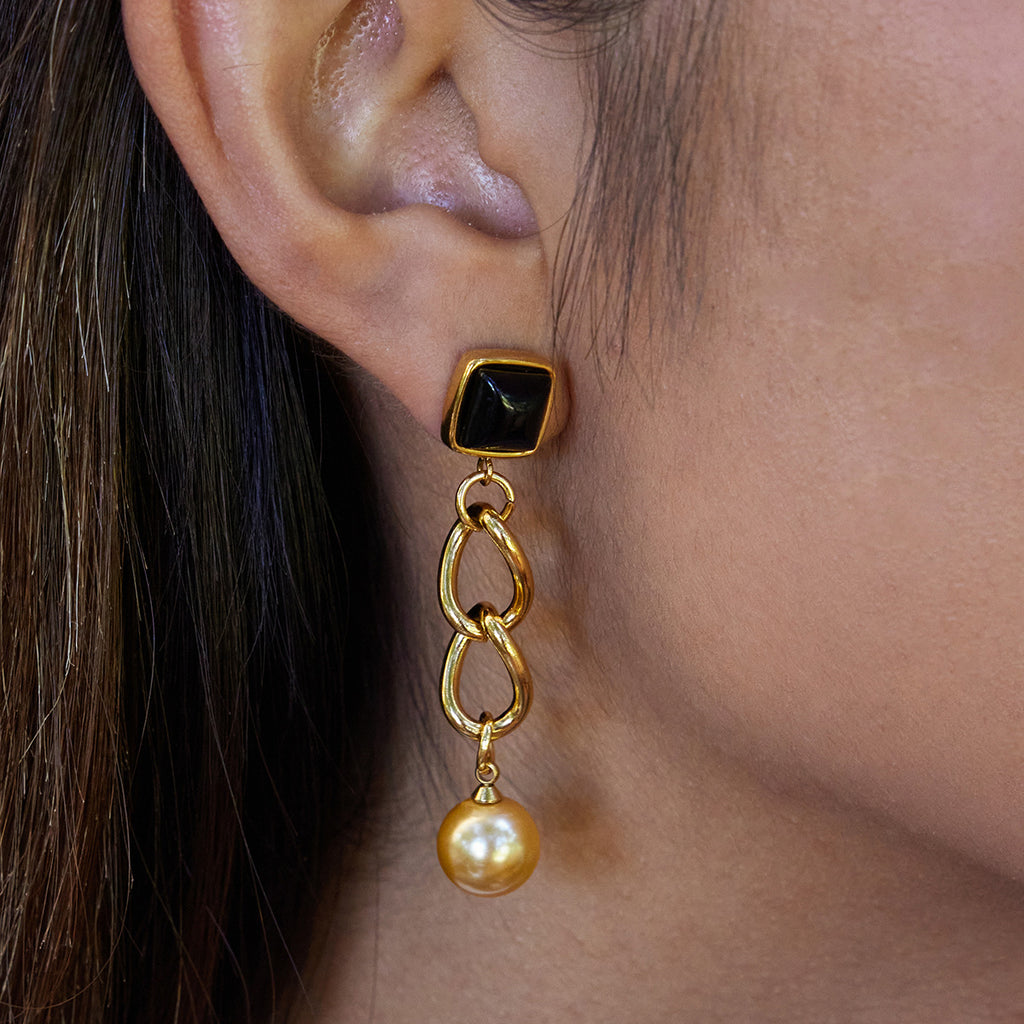 Customizable 18K Gold Plated Stainless Steel Long Drop Earrings with Black Glass and Rose Gold Pearl Trendy Fashion for Girls