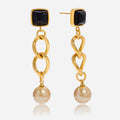 Customizable 18K Gold Plated Stainless Steel Long Drop Earrings with Black Glass and Rose Gold Pearl Trendy Fashion for Girls