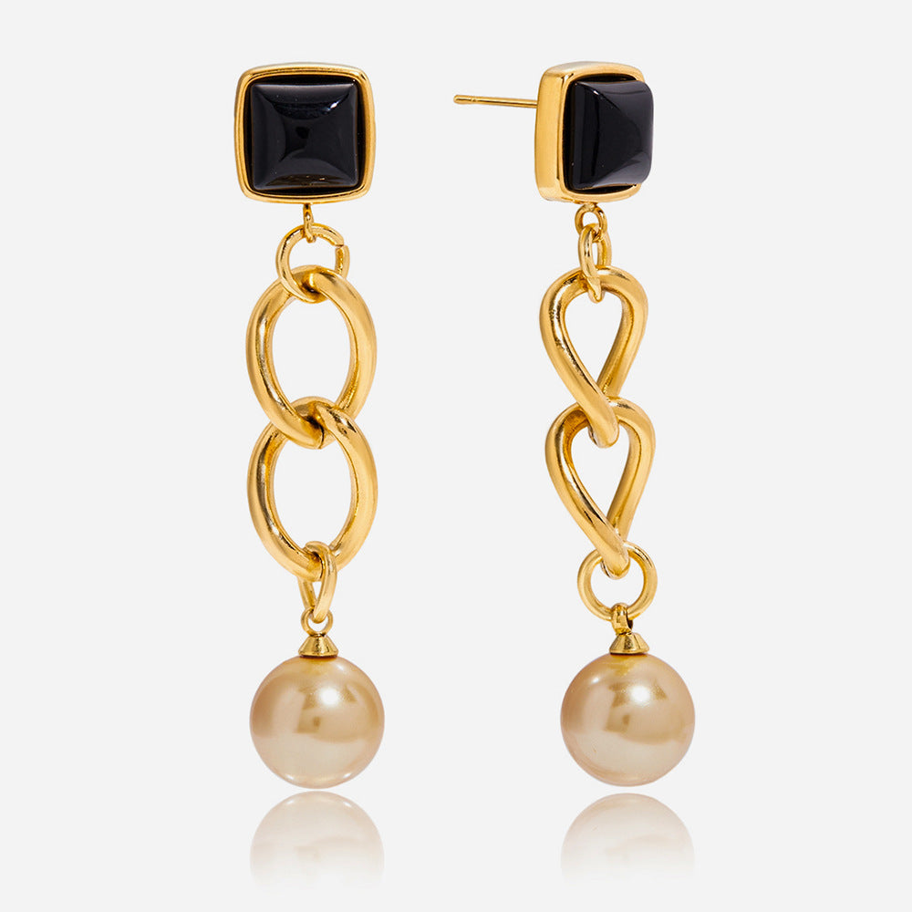 Customizable 18K Gold Plated Stainless Steel Long Drop Earrings with Black Glass and Rose Gold Pearl Trendy Fashion for Girls