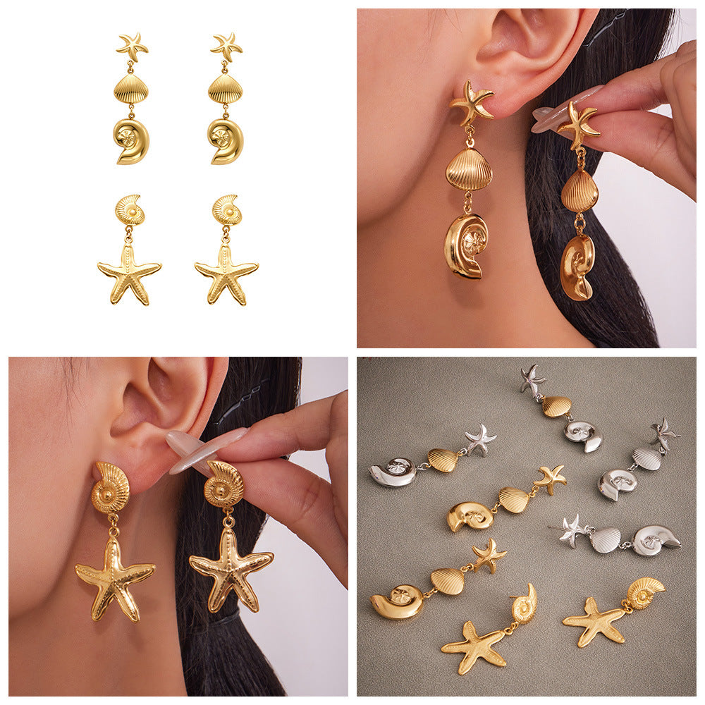 Women's Gold PVD Plated Stainless Steel Sea Animals Long Drop Earrings Trendy Fashion Hypoallergenic Drop Earrings