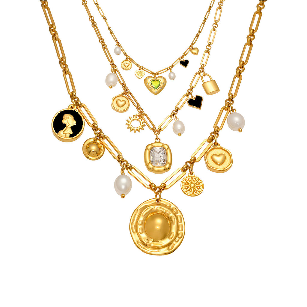 Fashionable Women's Stainless Steel Necklace with Real Gold PVD Plating Pearl Zircon Heart Charm Link Chain Gift Jewelry