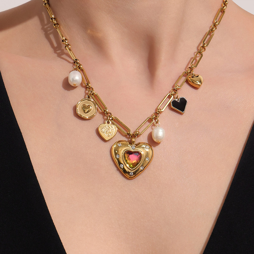 Fashionable Women's Stainless Steel Necklace with Real Gold PVD Plating Pearl Zircon Heart Charm Link Chain Gift Jewelry