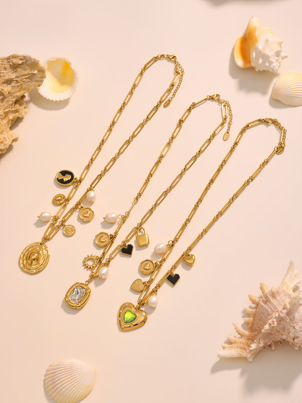 Fashionable Women's Stainless Steel Necklace with Real Gold PVD Plating Pearl Zircon Heart Charm Link Chain Gift Jewelry