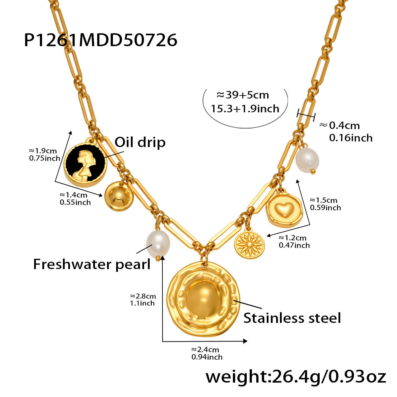 Fashionable Women's Stainless Steel Necklace with Real Gold PVD Plating Pearl Zircon Heart Charm Link Chain Gift Jewelry