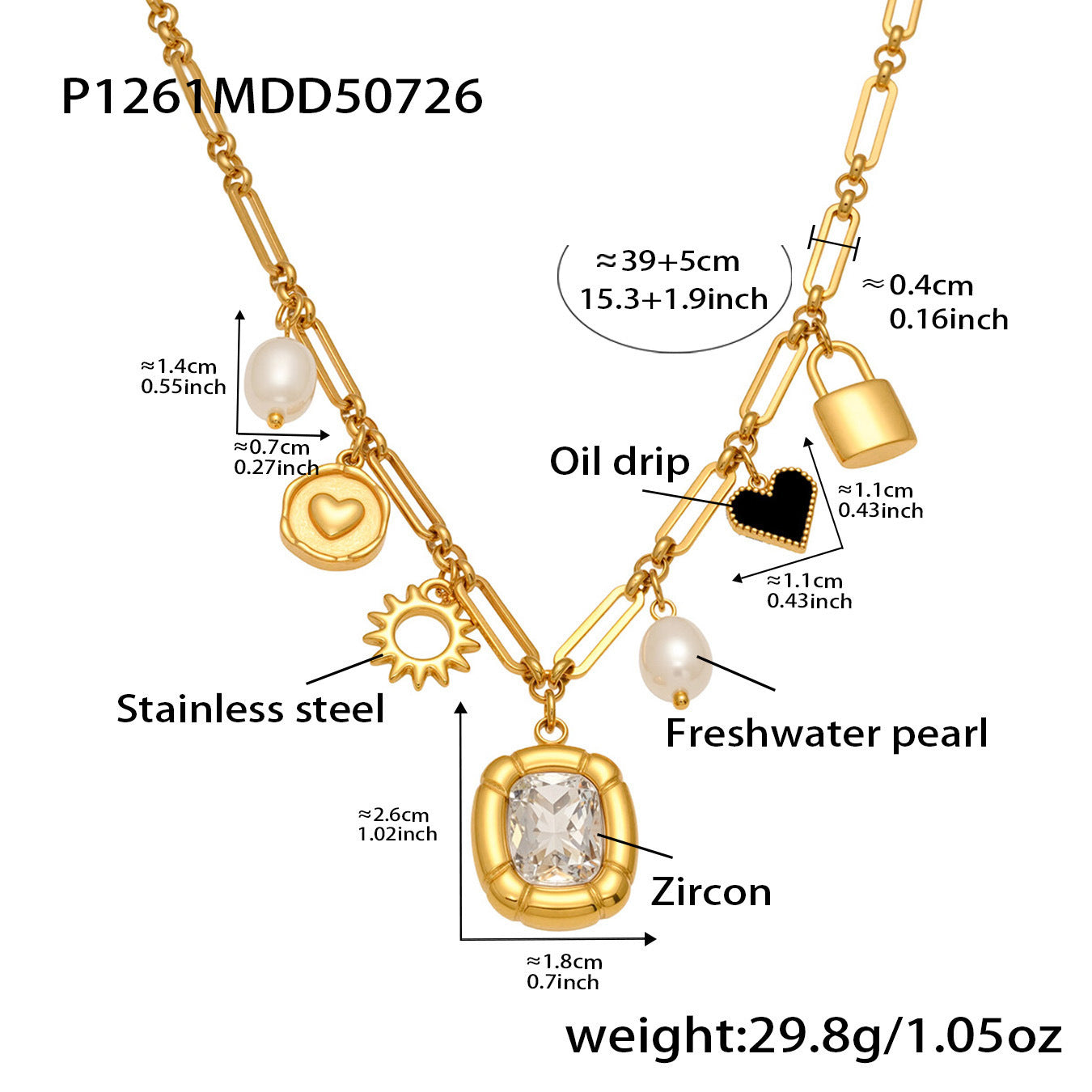 Fashionable Women's Stainless Steel Necklace with Real Gold PVD Plating Pearl Zircon Heart Charm Link Chain Gift Jewelry