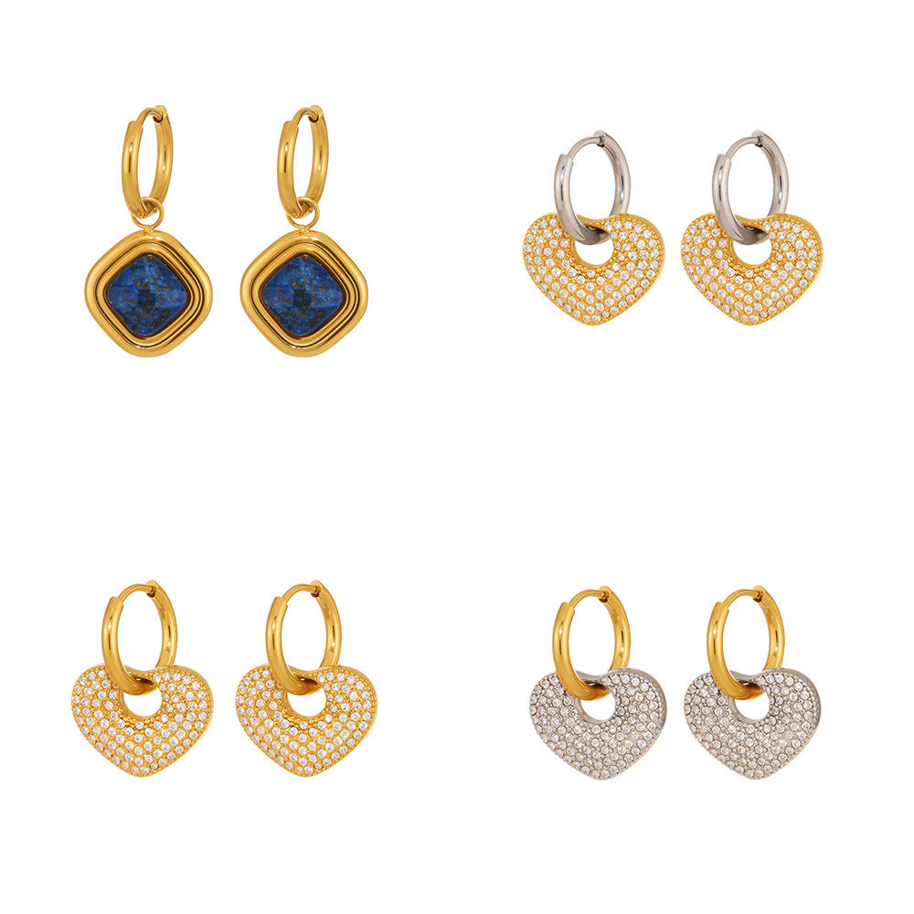 Cute 18K Gold Plated Stainless Steel Heart Drop Earrings with Zirconia & Lapis Stone Fashion Wholesale Jewelry