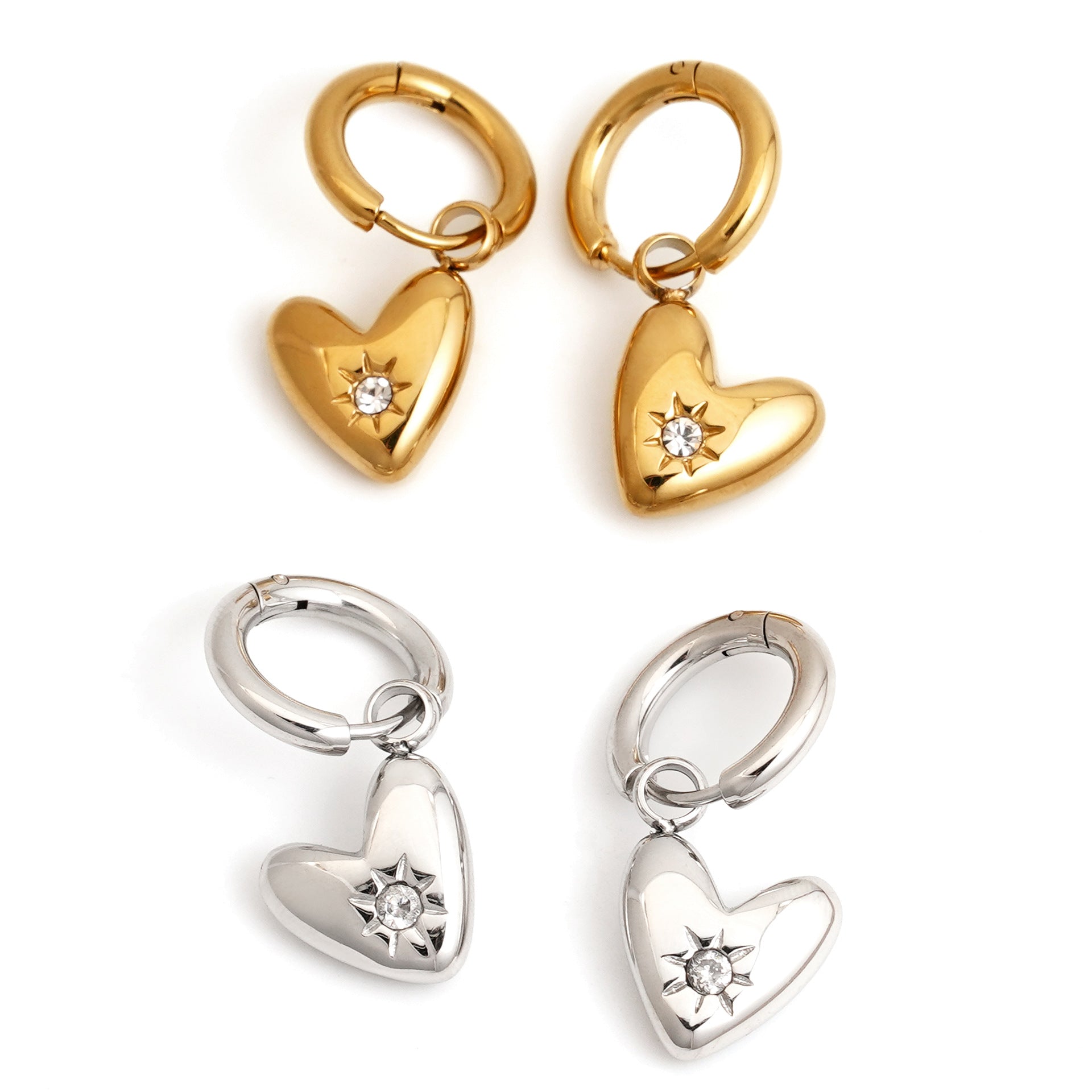 Best Gift Jewelry for Women Real Gold Plated Stainless Steel Heart Drop Earrings with White Zircons