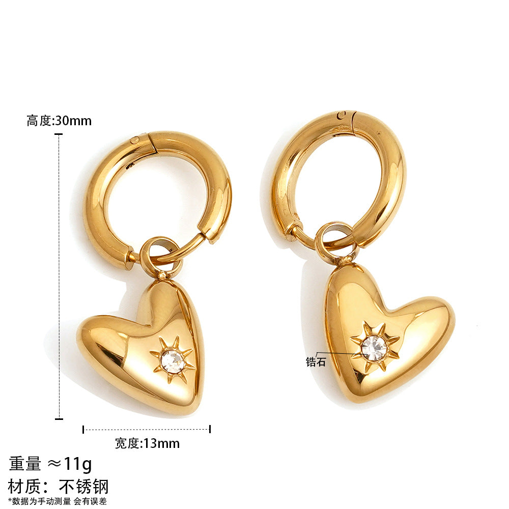 Best Gift Jewelry for Women Real Gold Plated Stainless Steel Heart Drop Earrings with White Zircons