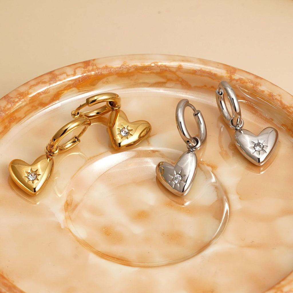 Best Gift Jewelry for Women Real Gold Plated Stainless Steel Heart Drop Earrings with White Zircons