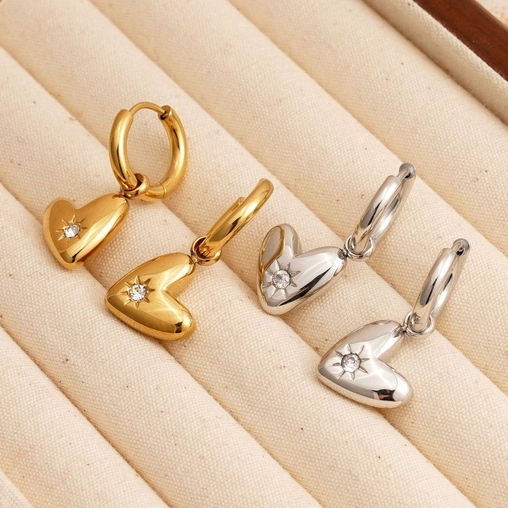Best Gift Jewelry for Women Real Gold Plated Stainless Steel Heart Drop Earrings with White Zircons