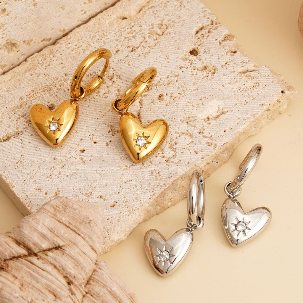 Best Gift Jewelry for Women Real Gold Plated Stainless Steel Heart Drop Earrings with White Zircons
