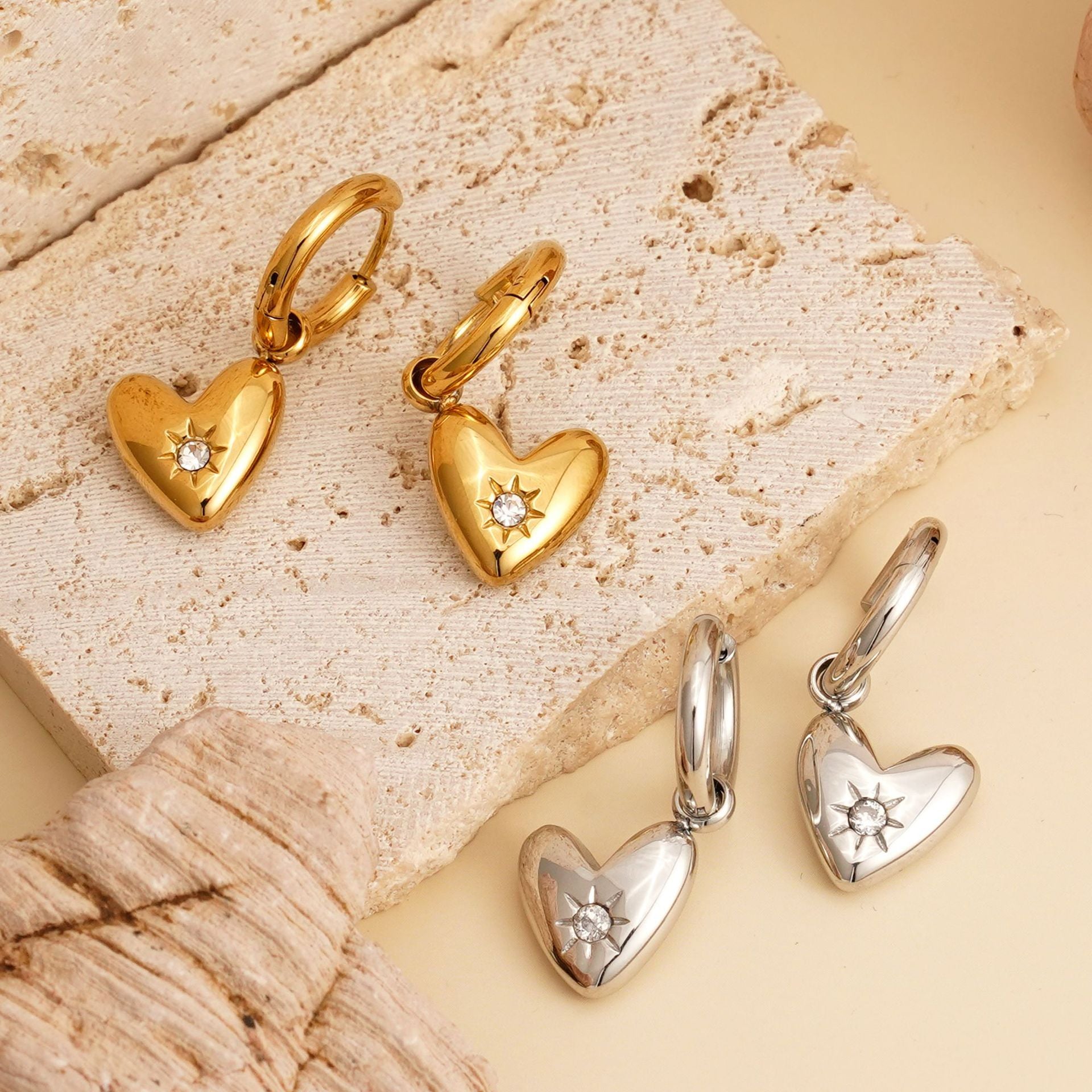 Best Gift Jewelry for Women Real Gold Plated Stainless Steel Heart Drop Earrings with White Zircons