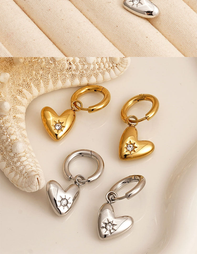 Best Gift Jewelry for Women Real Gold Plated Stainless Steel Heart Drop Earrings with White Zircons