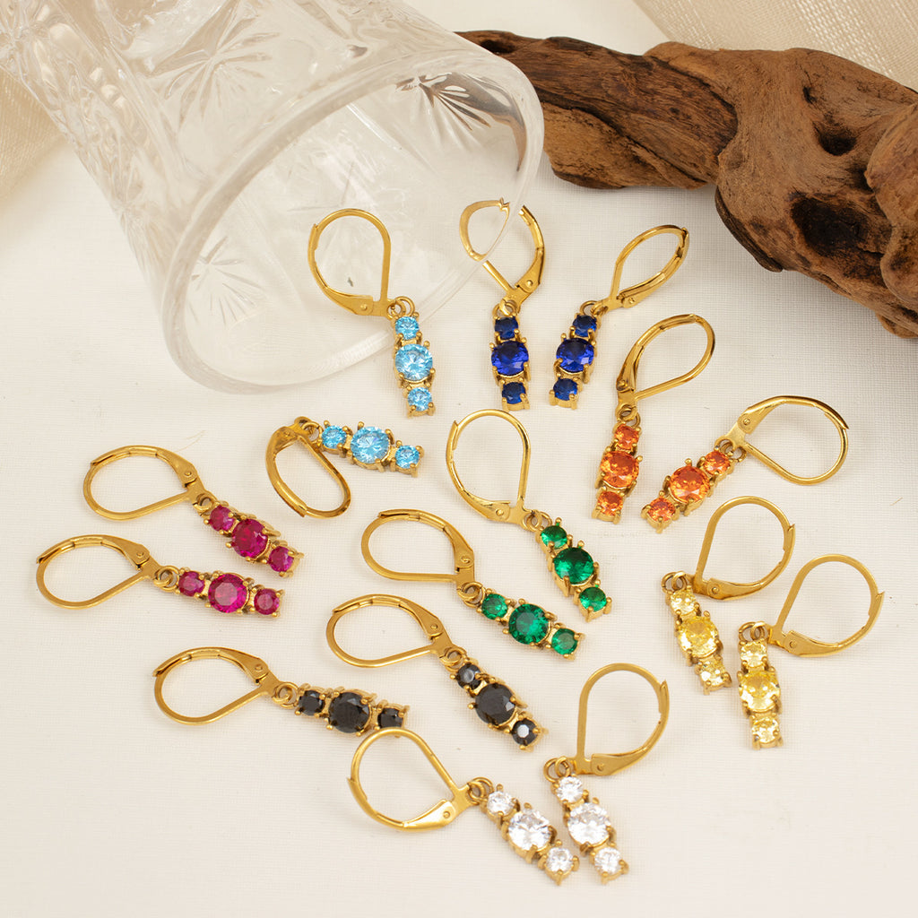 18K Gold Plated Vintage Style Drop Earrings Three Zircons Stylish Trendy Pattern Stainless Steel Hypoallergenic for Parties