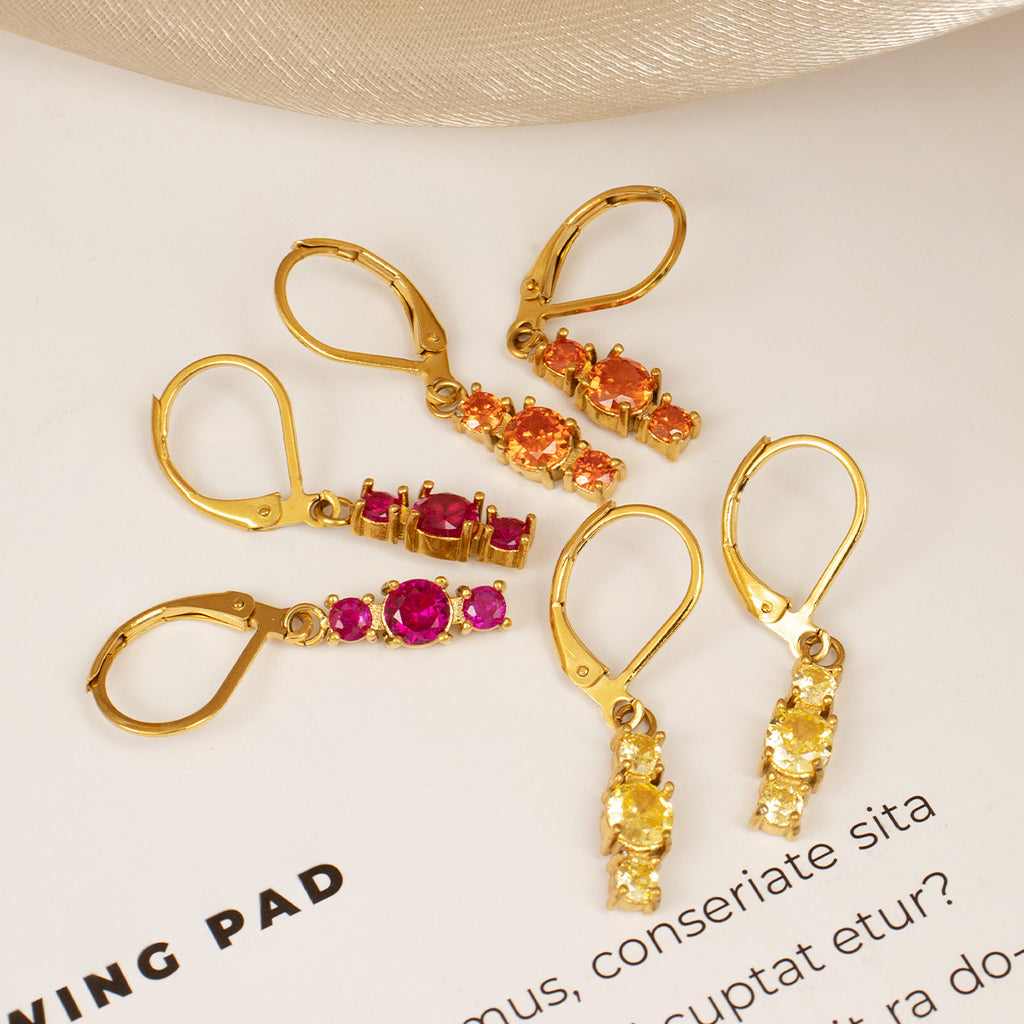 18K Gold Plated Vintage Style Drop Earrings Three Zircons Stylish Trendy Pattern Stainless Steel Hypoallergenic for Parties