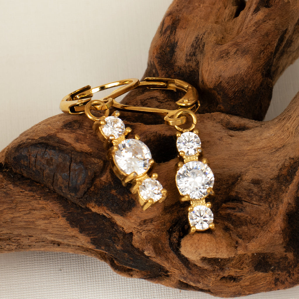 18K Gold Plated Vintage Style Drop Earrings Three Zircons Stylish Trendy Pattern Stainless Steel Hypoallergenic for Parties