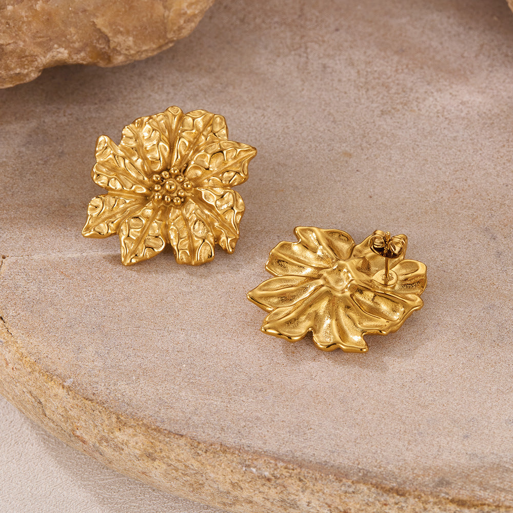 Trendy Stainless Steel Gold Plated Flower Stud Earrings Waterproof Hypoallergenic for Party-Wear Wholesale Jewelry for Girls