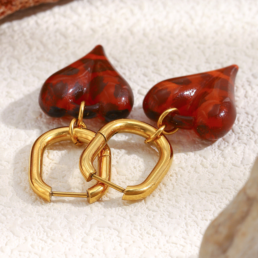 Customizable Drop Earrings Red Resin Heart Designer Jewelry Earrings 18k Gold PVD Stainless Steel Fashion Heart Earrings